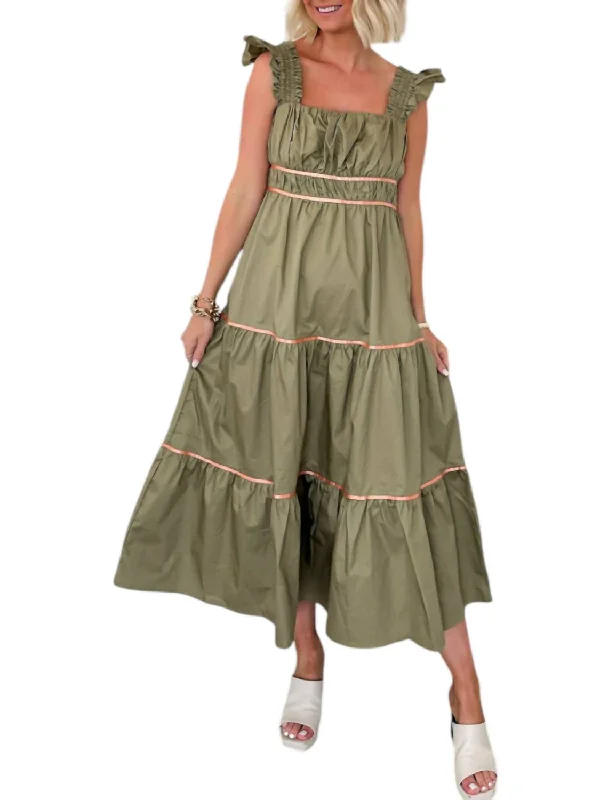 Price Smash On Your Mind Tiered Midi Dress In Olive