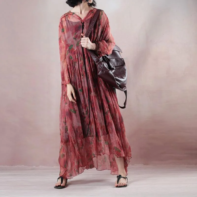 Extra Savings fine light red silk dress v neck long sleeve gown print Cinched drawstring maxi dress