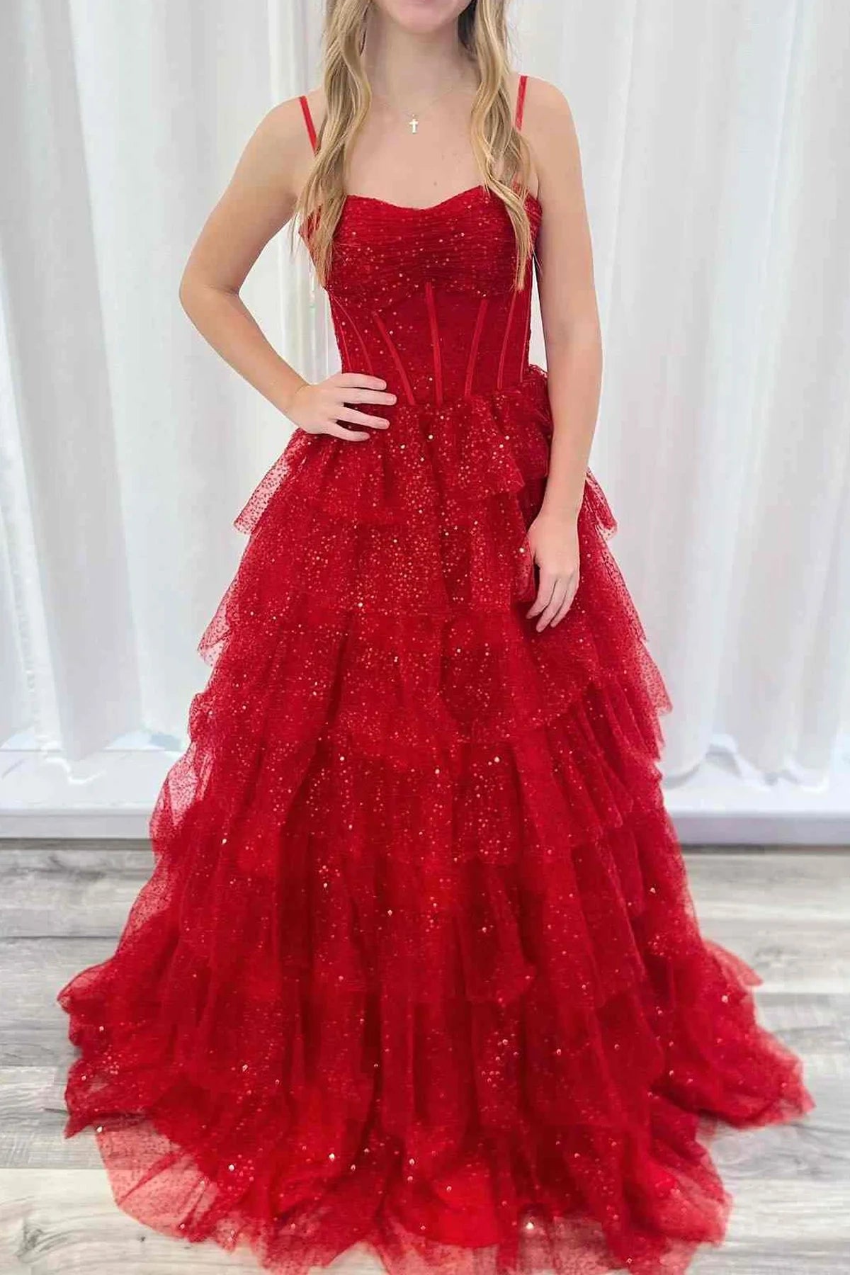 Hot Deal Red Sweetheart Sequins Tulle A-Line Tiered Prom Dress
