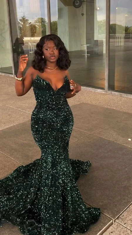 Limited Availability Dark Green Sweetheart Sequins Mermaid Long Party Dress, DP2111