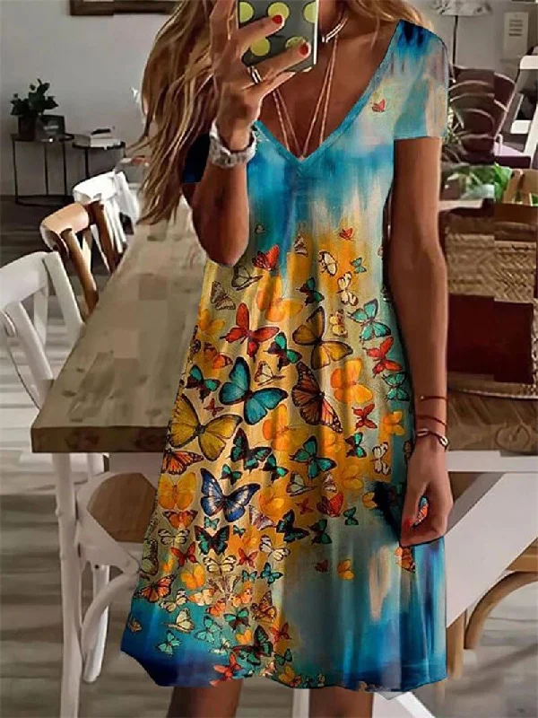 Big Discounts Butterfly Print V-Neck Short Sleeve Dress