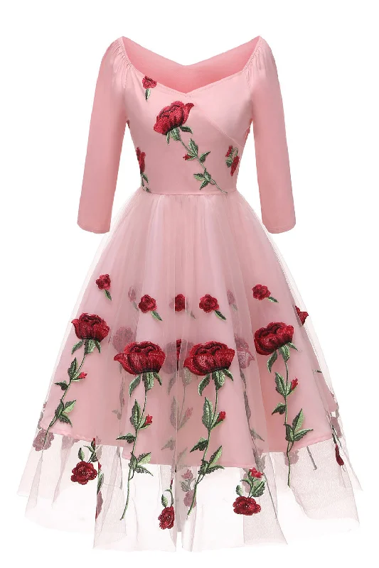 Deal Dash Square Neck Floral Short Pink Party Dress with Embroidery