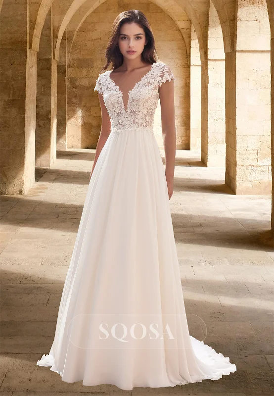 YEAR-End Clearance Deep V-Neck Spaghetti Straps Short-Sleeves A-Line Wedding Dress Lace Applique Pleated Cutout Bride Gowns YEAR-End Clearance Deep V-Neck Spaghetti Straps Short-Sleeves A-Line Wedding Dress Lace Applique Pleated Cutout Bride Gowns