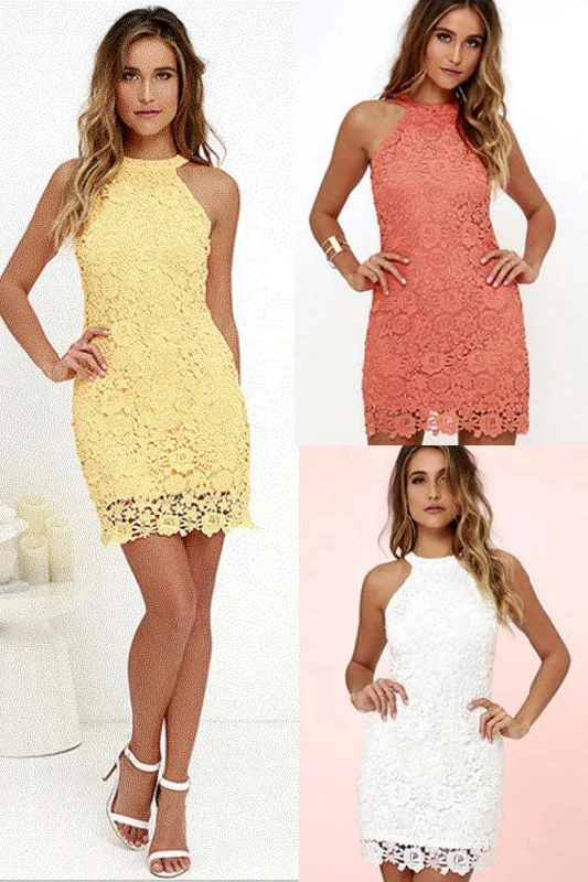 Quick Sale Sheath Halter Lace Yellow Party Dress