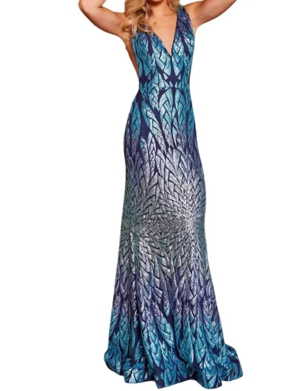 Special Buy Blue Multi Sleeveless V Neck Prom Dress
