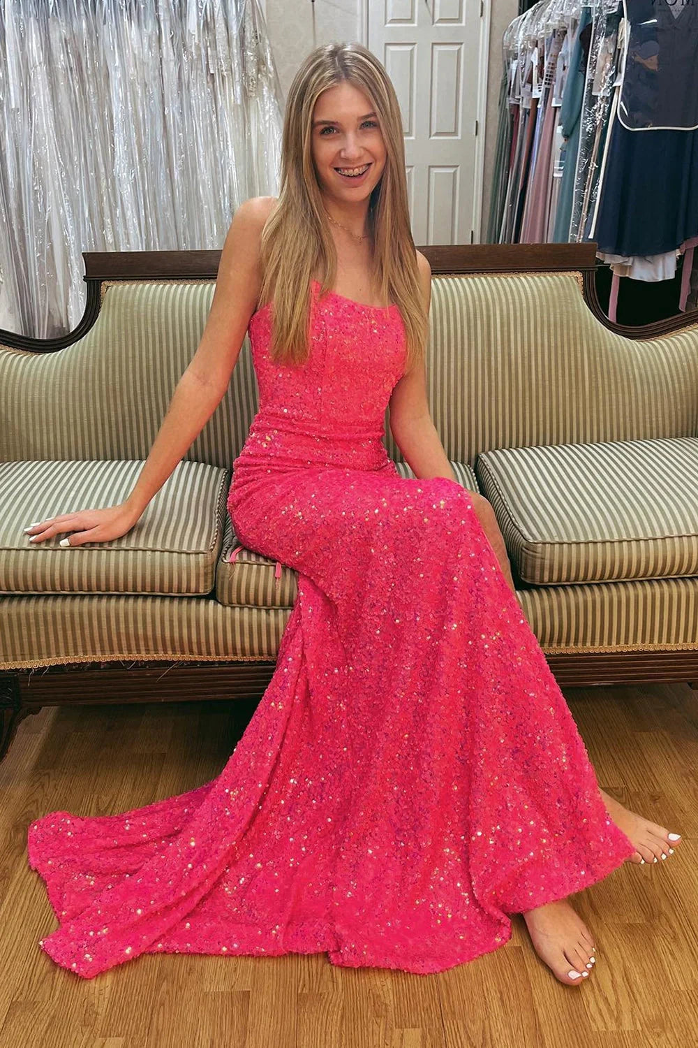 The Best Prices Bateau Sleeveless Lace Up Mermaid Sequins Party Prom Dress