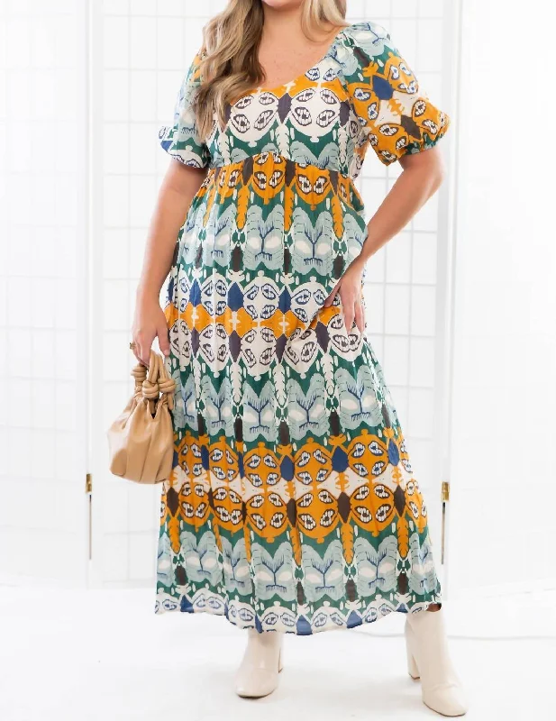 YEAR-End Sale Abstract Printed Midi Dress In Green And Gold