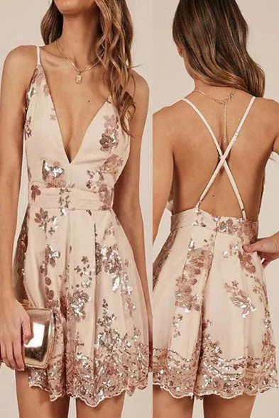 New Markdowns Spaghetti Straps Criss Cross Mini Party Dress with Sequins