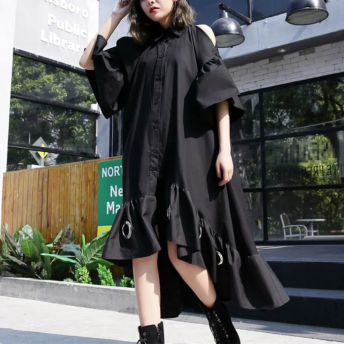 Weekend Flash Sale fine black patchwork cotton maxi dress trendy plus size hollow out gown casual asymmetric hem cotton caftans
