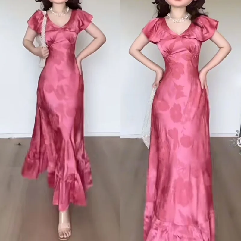 Special Buy Hot Pink V Neck A-Line Ruffle Satin Party Dress Wedding Guest Dress, DP4452 Special Buy Hot Pink V Neck A-Line Ruffle Satin Party Dress Wedding Guest Dress, DP4452