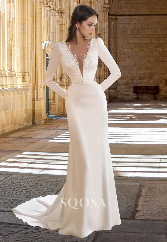 TIME-Limited Offer Deep V-Neck Long-Sleeves Mermaid Wedding Dress Bride Gowns Beaded Applique Pleated Bride Gowns TIME-Limited Offer Deep V-Neck Long-Sleeves Mermaid Wedding Dress Bride Gowns Beaded Applique Pleated Bride Gowns