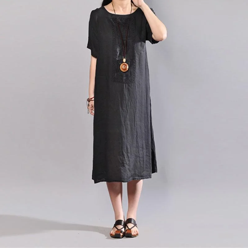 Midnight Madness Fine Midi-length linen dress trendy plus size Summer Round Neck Short Sleeve Pure Color Flax Dress Midnight Madness Fine Midi-length linen dress trendy plus size Summer Round Neck Short Sleeve Pure Color Flax Dress