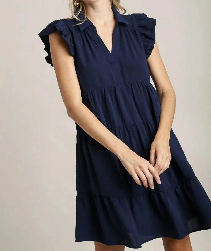 Great Deals Linen Collar Split Neck Dress In Navy