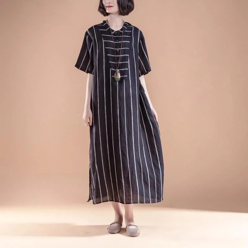 Price Reduction fine natural linen dress trendy plus size Short Sleeve Slit Summer Round Neck Stripe Black Dress Price Reduction fine natural linen dress trendy plus size Short Sleeve Slit Summer Round Neck Stripe Black Dress