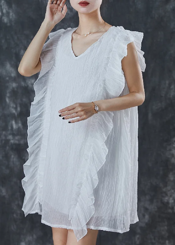 Savings Alert Women White Ruffles Patchwork Chiffon Work Dress Summer