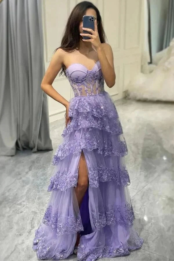 Exclusive Deal Sweetehart Strapless Lace A-Line Tiered Party Prom Dress