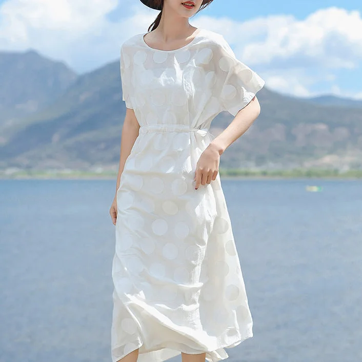 Closeout Sale fine white linen maxi dress plus size O neck dotted gown fine short sleeve tie waist dresses
