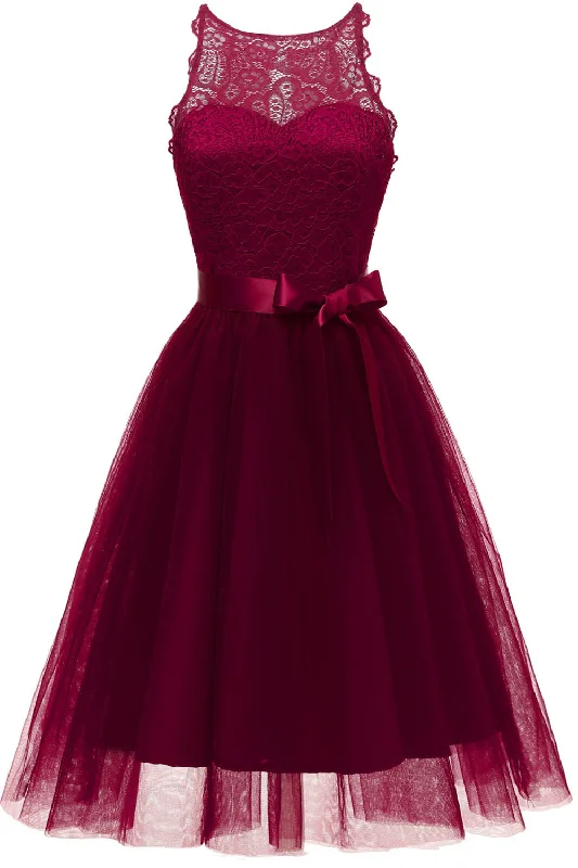 Amazing Deals Jewel Neck Tiered Burgundy Short Party Dress with Ribbon
