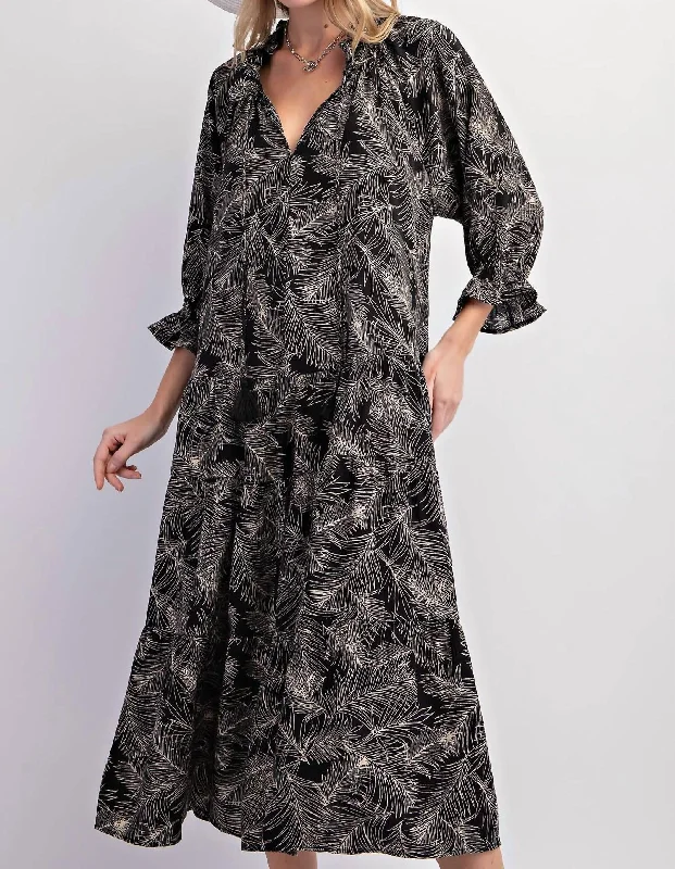 Super Sale Leaf Print Cotton Poplin Ruffle Maxi Dress In Black