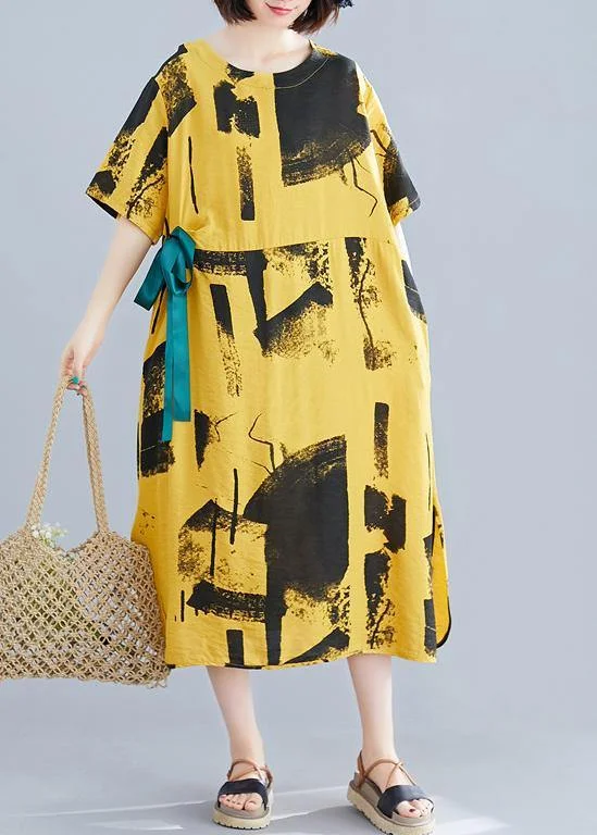 Bonus Savings Elegant yellow print cotton Tunic o neck tie waist A Line summer Dresses Bonus Savings Elegant yellow print cotton Tunic o neck tie waist A Line summer Dresses