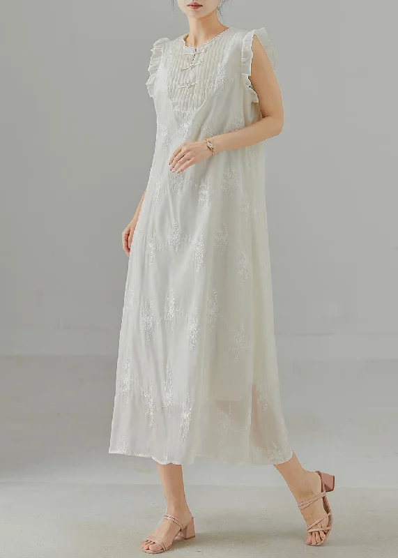 Big Savings DIY White Embroidered Chinese Button Chiffon Dress Sleeveless