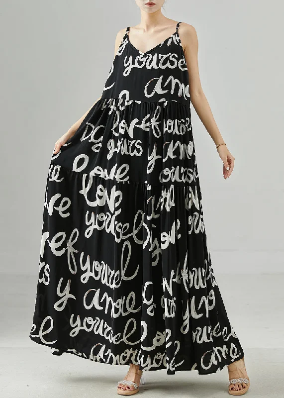 Extra Savings Casual Black Letter Print Chiffon Spaghetti Strap Dress Summer