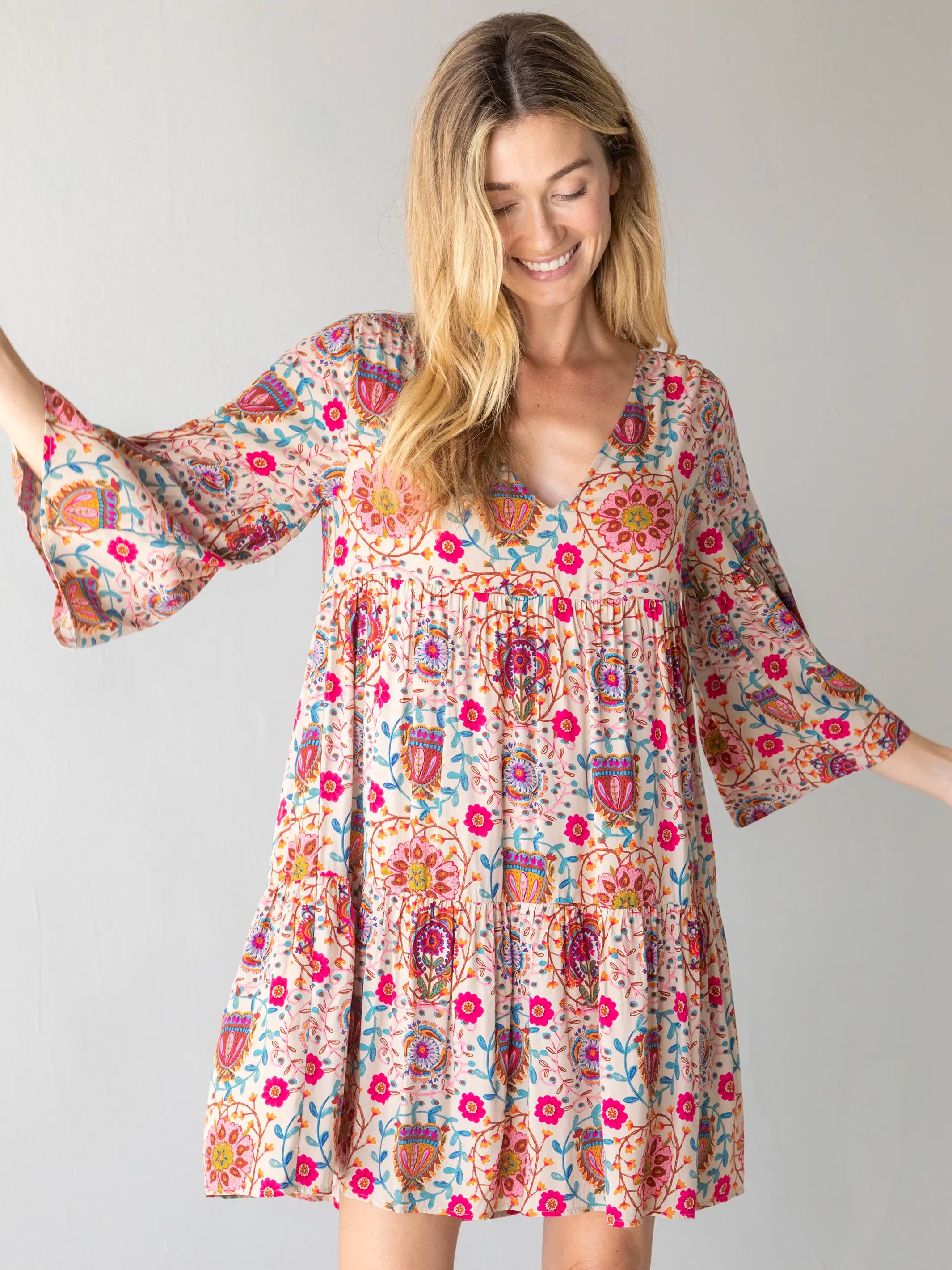 Seasonal Sale Charlotte Dress - Black Printed Folk Cream