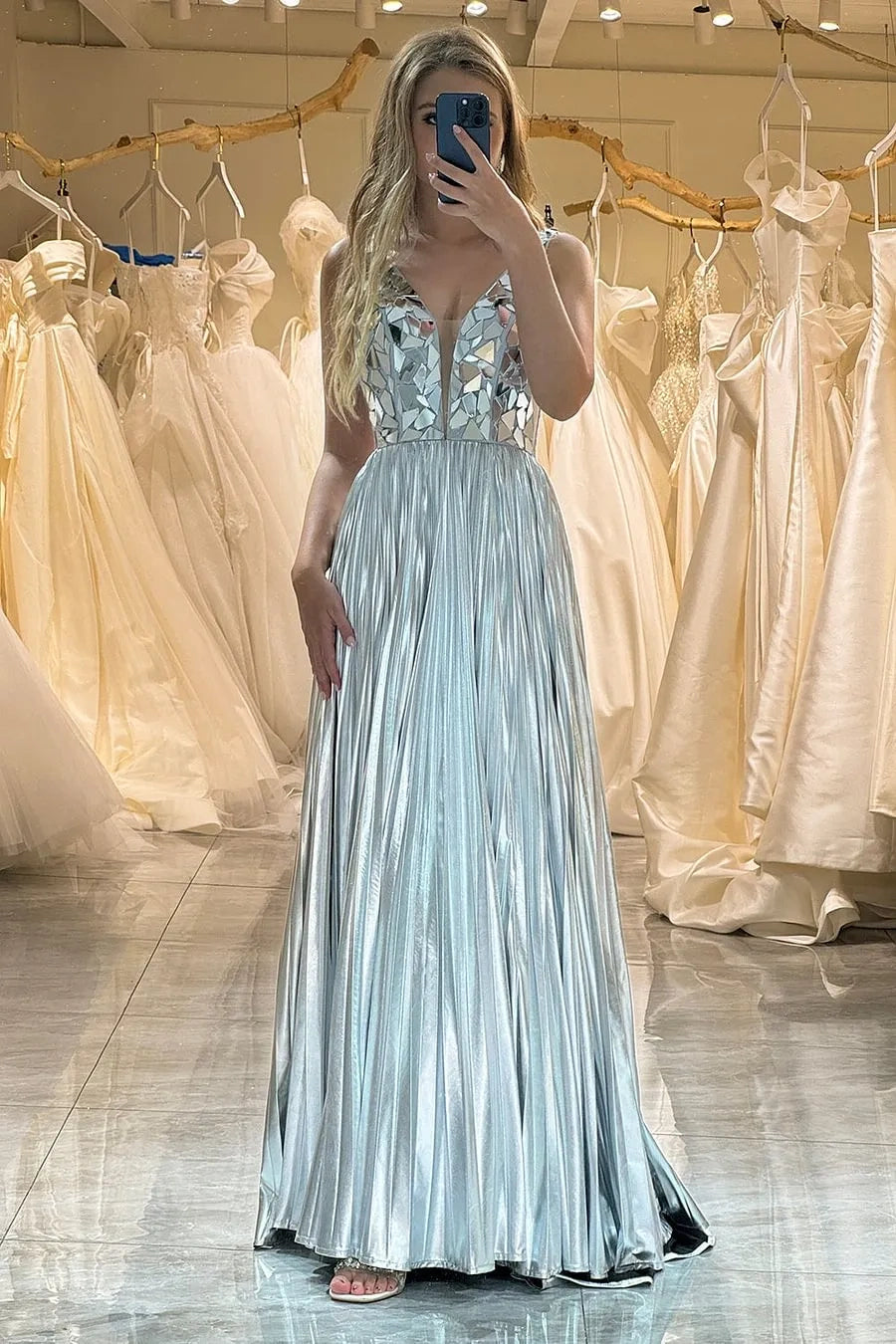 Discount Days A-Line V-Neck Sleeveless Backless Beaded Party Prom Dress