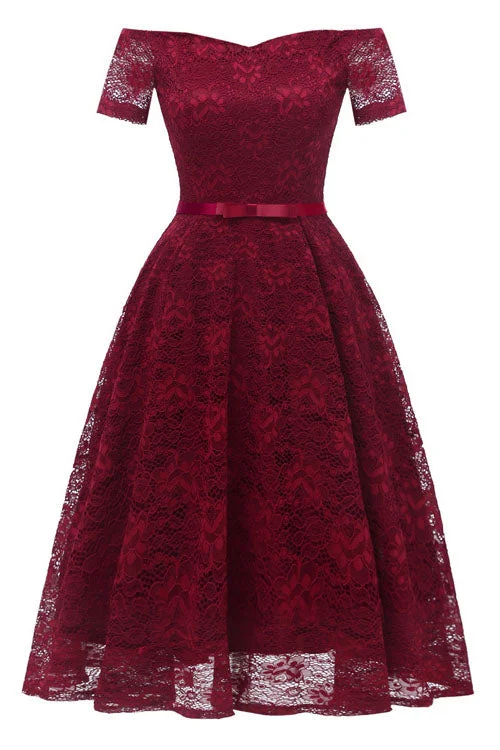 Must-Have Deals Off the Shoulder Lace Burgundy Short Prom Party Dress