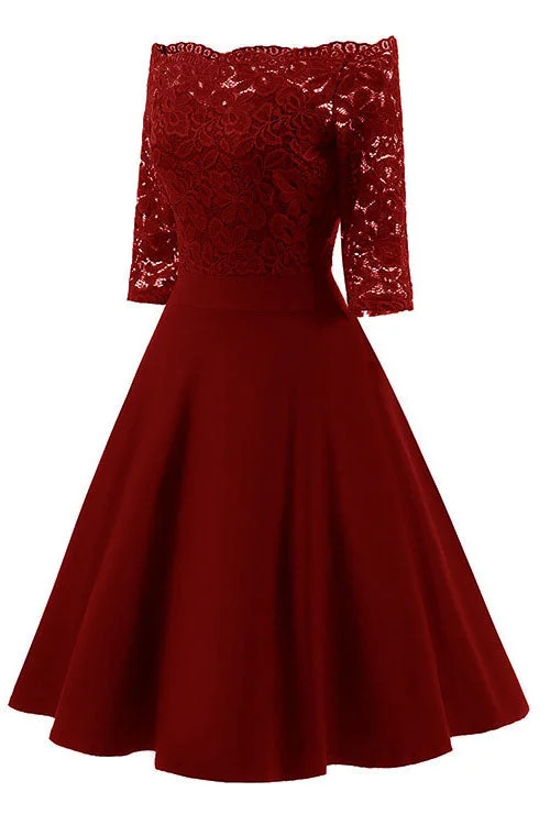 Special Price Off the Shoulder Half Sleeves Burgundy Short Party Gown