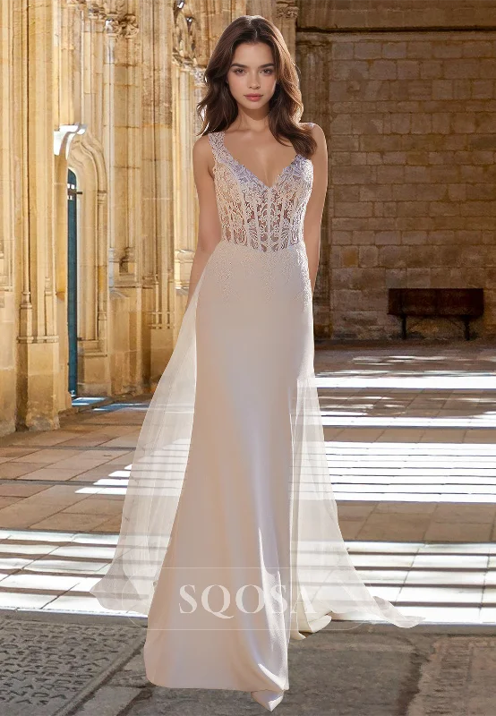 Stock Clearance V-Neck Straps Sleeveless Satin Bride Gowns Lace Applique Mermaid Wedding Dress with Tulle Overskirt