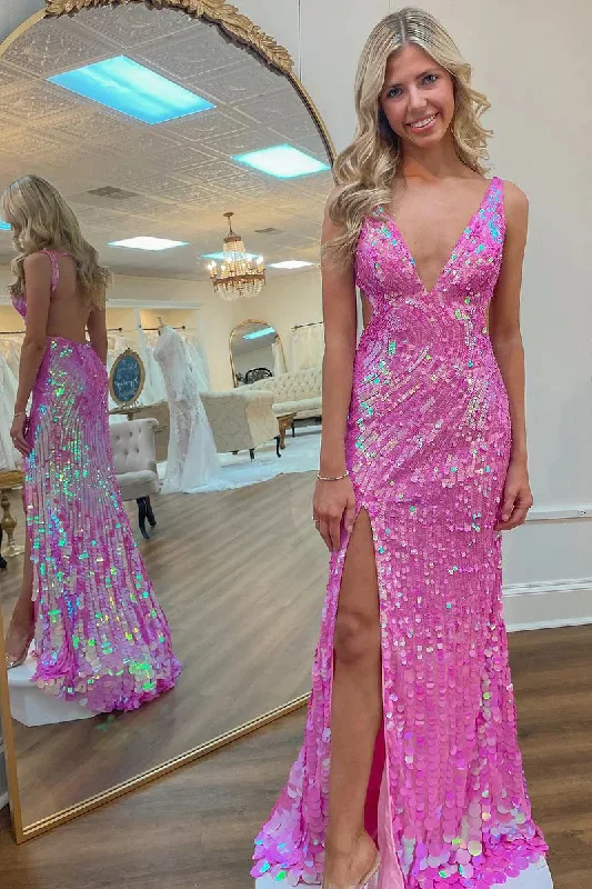 Amazing Deals Hot Pink V Neck Backless Sequin Long Prom Dress with Slit, DP2063