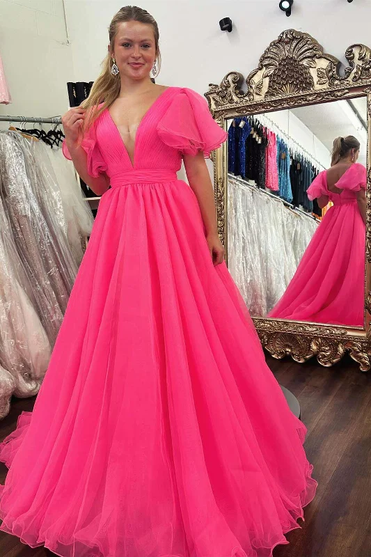Buy Now Pink Tulle A-Line V-Neck Short Sleeves Party Prom Dress