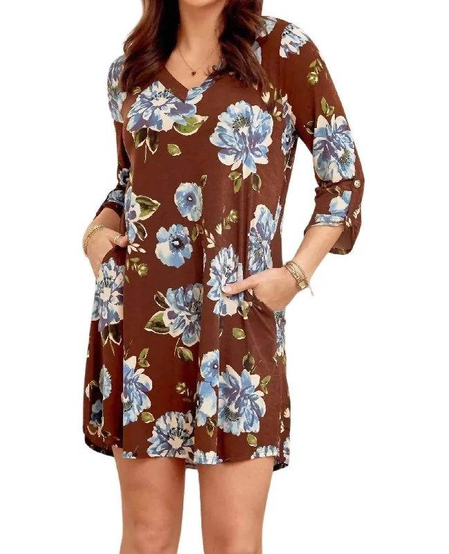Best Seller V-Neck Dress - Plus In Dark Mocha With Blue Flowers