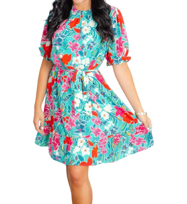 Bargain Blast Bri Floral Short Sleeve Dress In Blue