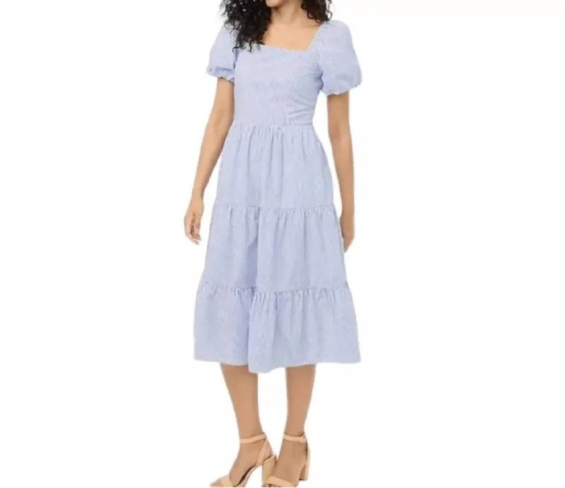 Midnight Madness Puff Sleeve Tiered Dress In Blue/white