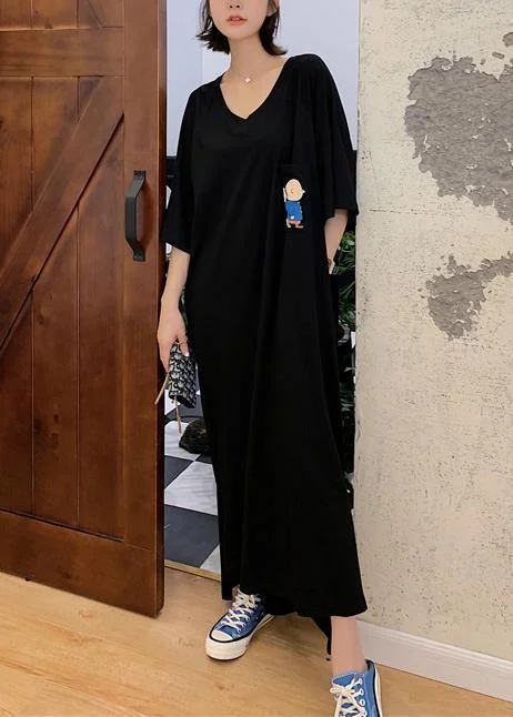 Super Sale Classy black side open cotton dresses v neck Maxi summer Dresses