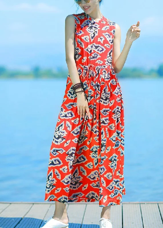 Limited Time Discount Beautiful stand collar patchwork cotton Wardrobes Outfits red print Traveling Dresses summer