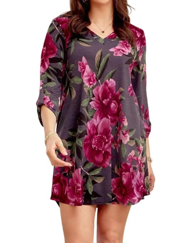 Deal Explosion V-Neck Dress In Charcoal & Fuchsia