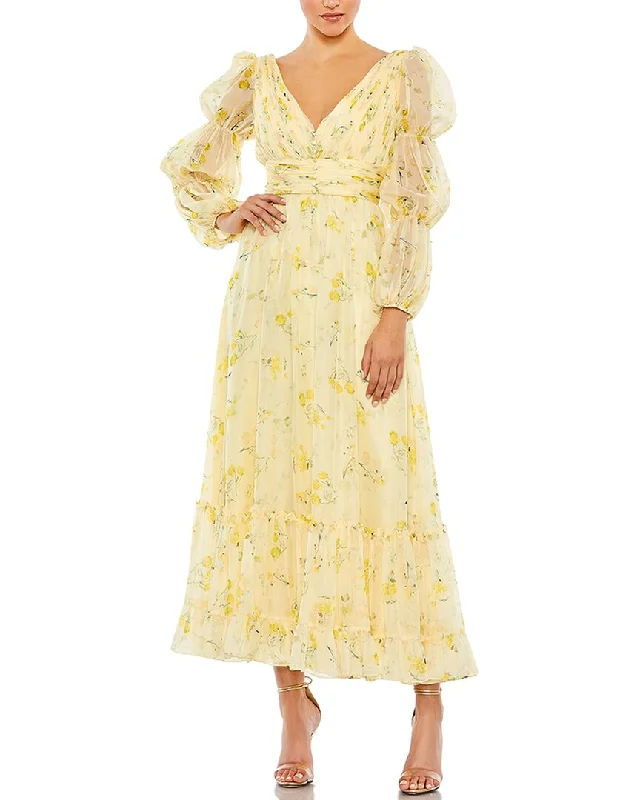 Deep Discounts Mac Duggal Floral Print Chiffon Illusion Tiered Puff Dress