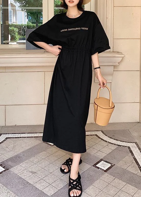 Super Bargain Bohemian black o neck cotton Long Shirts drawstring A Line summer Dress
