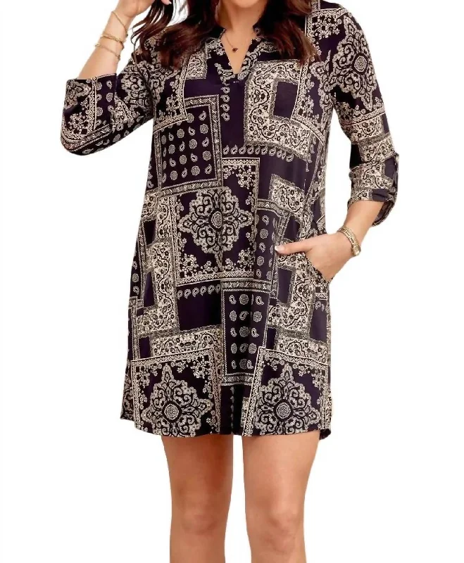 Midnight Madness Lizzy Dress - Plus In Navy & Taupe Bandana