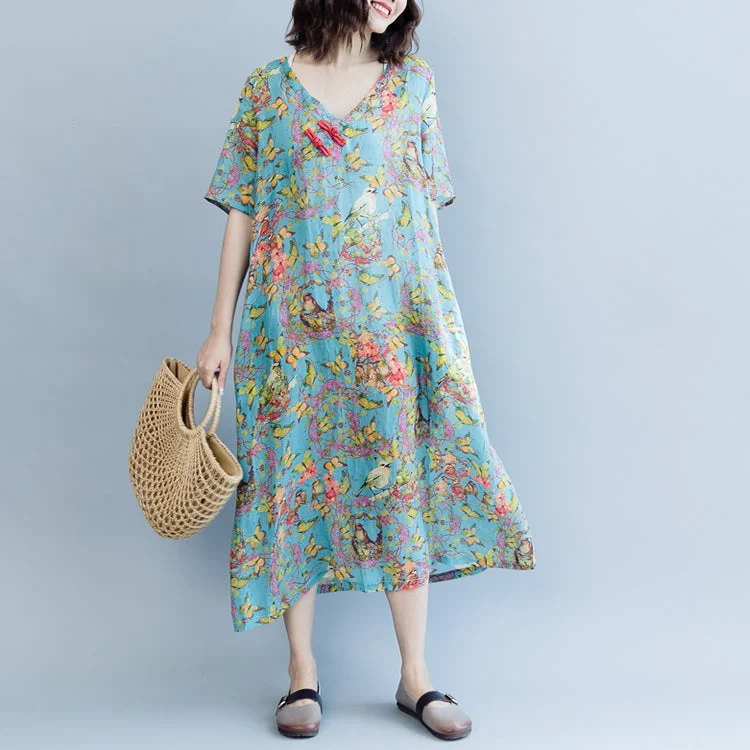 Exclusive Online Offer Elegant blue print linen dresses plus size clothing v neck a line skirts caftans 2018 short sleeve dresses Exclusive Online Offer Elegant blue print linen dresses plus size clothing v neck a line skirts caftans 2018 short sleeve dresses