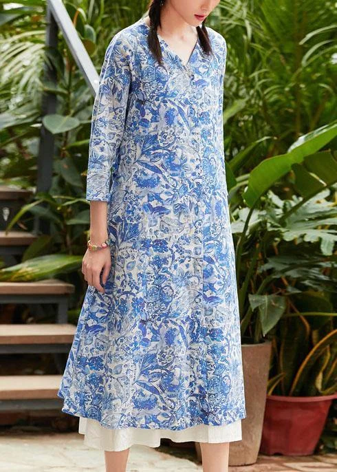 Early Access Classy blue print linen Long Shirts v neck tie waist oversized summer Dress Early Access Classy blue print linen Long Shirts v neck tie waist oversized summer Dress