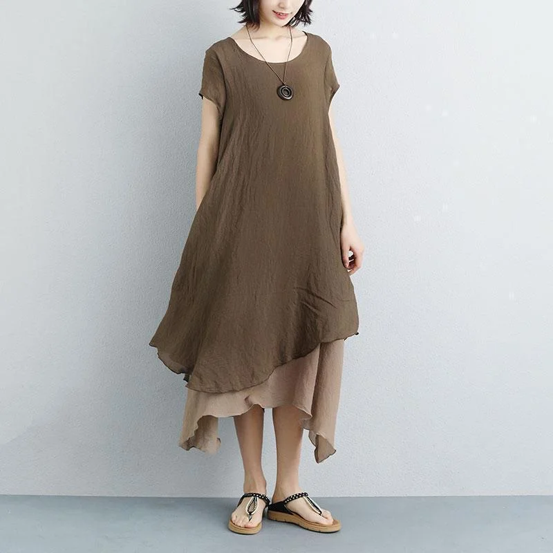 Act Now fine long cotton dresses plus size False Two-piece Short Sleeve Chocolate Plain Dress Act Now fine long cotton dresses plus size False Two-piece Short Sleeve Chocolate Plain Dress