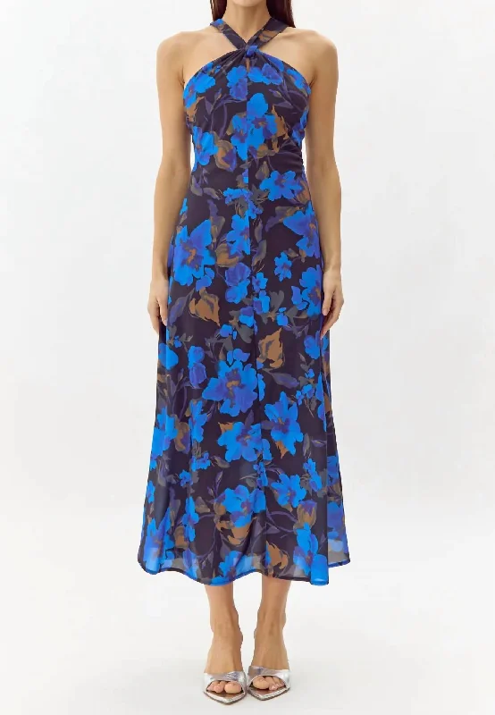 Price Smash Anastasia Floral Halter Midi Dress In Electric Blue