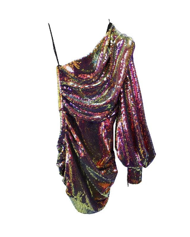 Weekend Special Alex Perry Sequined One Shoulder Ruched Mini Dress in Multicolor Polyester