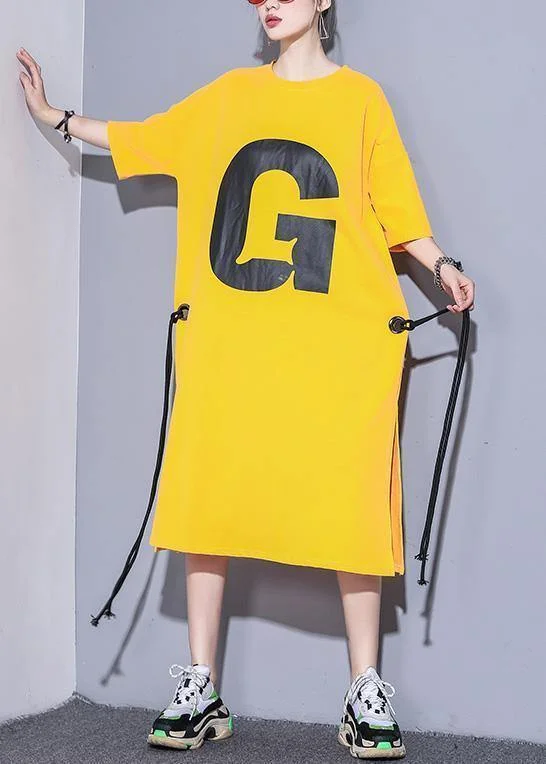 Discount Mania DIY yellow o neck cotton quilting dresses side open Robe summer Dresses