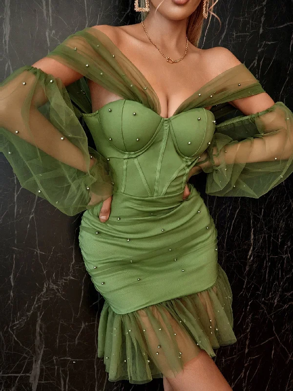 Weekend Flash Sale KittenAlarm - Pearls Off Shoulder Ruffle Hem Mesh Dress