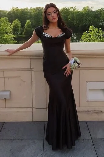 Deal Explosion Black Mermaid Cap Sleeves Beaded Party Prom Dress